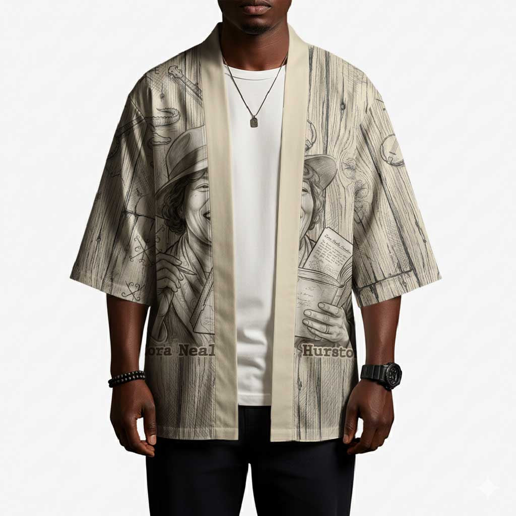 Zora Neale Hurston Kimono Rustic Wood Engraved Style Illustration Joyful Portrait with Book and Map Donkey - African Pride