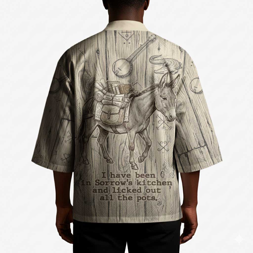Zora Neale Hurston Kimono Rustic Wood Engraved Style Illustration Joyful Portrait with Book and Map Donkey - African Pride