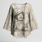 Zora Neale Hurston Kimono Sleeve Blouse Rustic Wood Engraved Style Illustration Joyful Portrait with Book and Map Donkey - African Pride