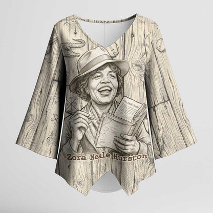 Zora Neale Hurston Kimono Sleeve Blouse Rustic Wood Engraved Style Illustration Joyful Portrait with Book and Map Donkey - African Pride