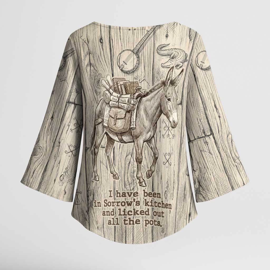Zora Neale Hurston Kimono Sleeve Blouse Rustic Wood Engraved Style Illustration Joyful Portrait with Book and Map Donkey - African Pride