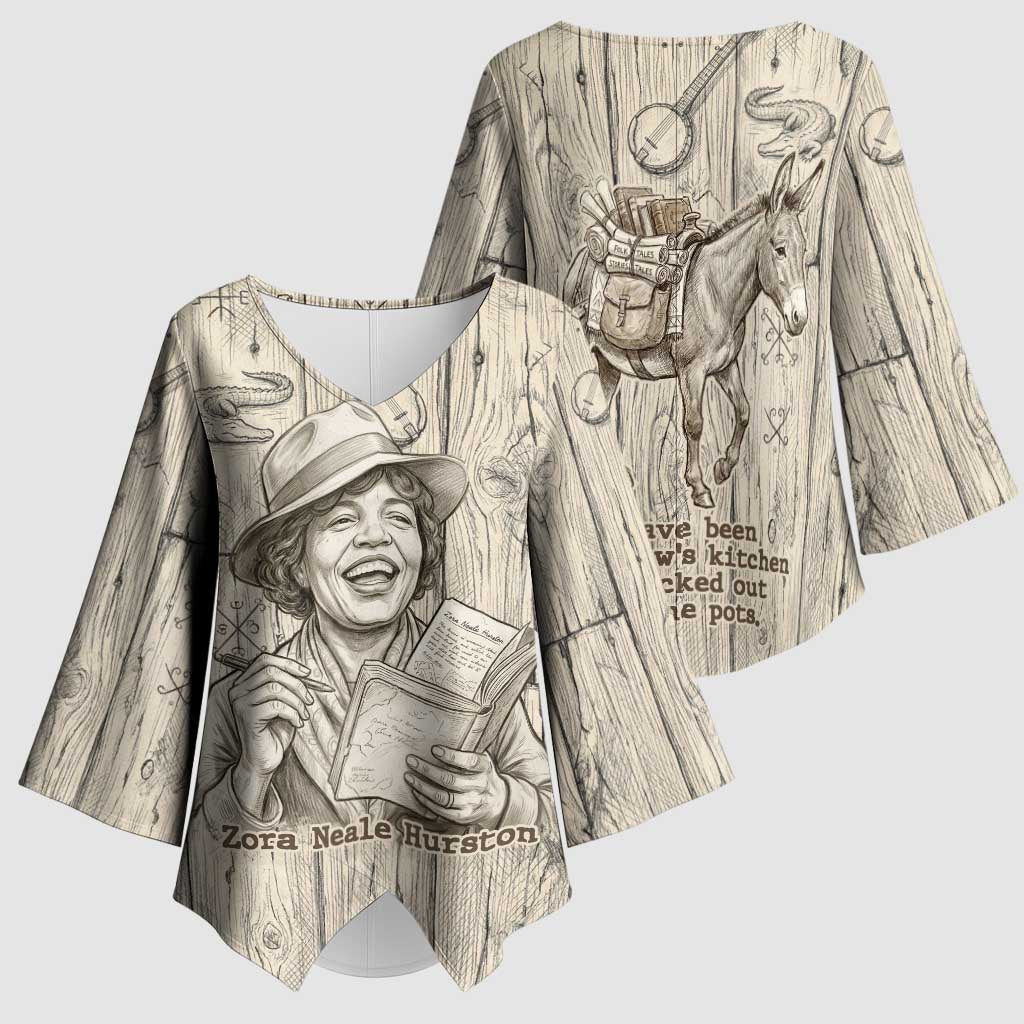 Zora Neale Hurston Kimono Sleeve Blouse Rustic Wood Engraved Style Illustration Joyful Portrait with Book and Map Donkey - African Pride