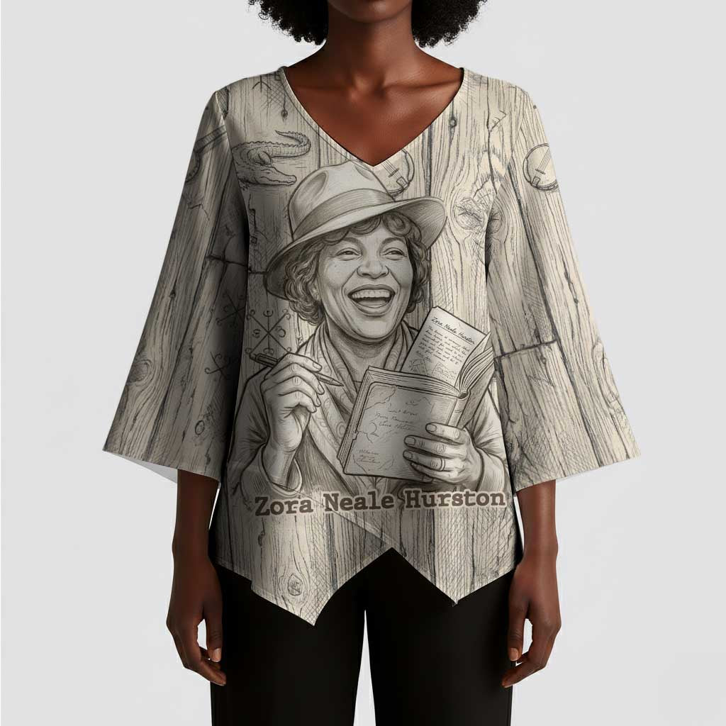 Zora Neale Hurston Kimono Sleeve Blouse Rustic Wood Engraved Style Illustration Joyful Portrait with Book and Map Donkey - African Pride