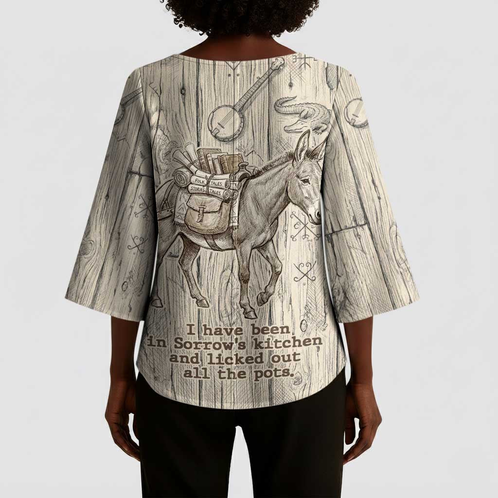 Zora Neale Hurston Kimono Sleeve Blouse Rustic Wood Engraved Style Illustration Joyful Portrait with Book and Map Donkey - African Pride