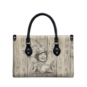 Zora Neale Hurston Leather Bag Rustic Wood Engraved Style Illustration Joyful Portrait with Book and Map Donkey - African Pride