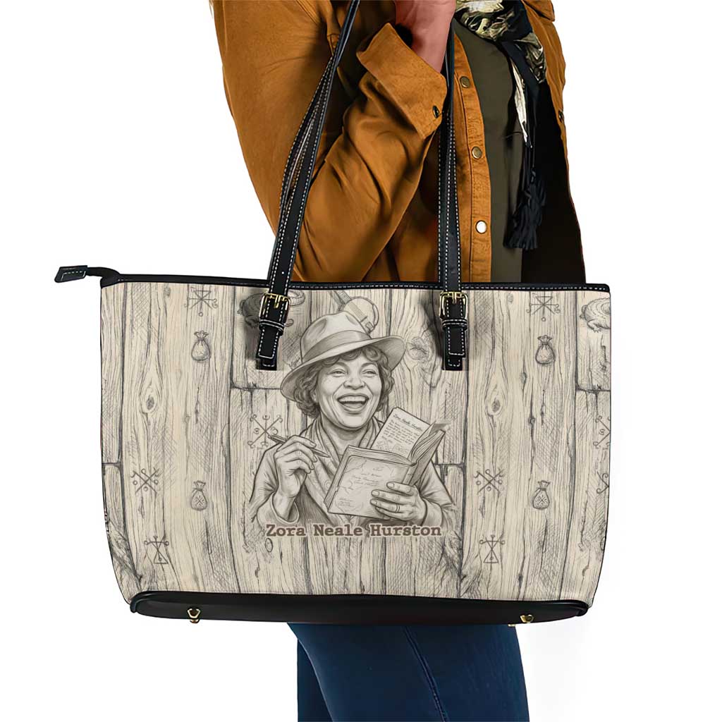 Zora Neale Hurston Leather Tote Bag Rustic Wood Engraved Style Illustration Joyful Portrait with Book and Map Donkey - African Pride