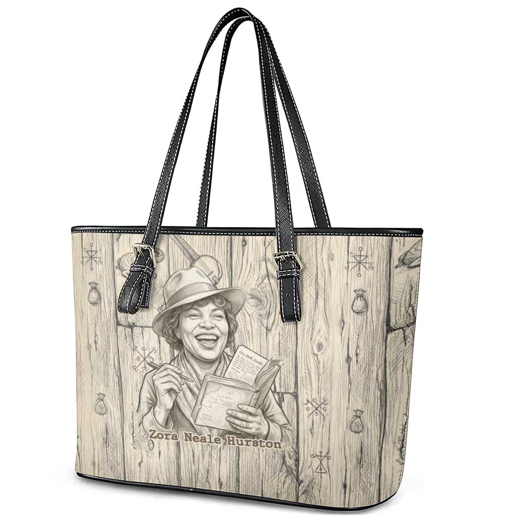 Zora Neale Hurston Leather Tote Bag Rustic Wood Engraved Style Illustration Joyful Portrait with Book and Map Donkey - African Pride