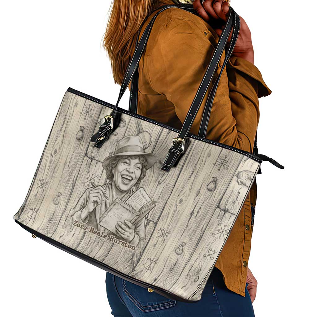 Zora Neale Hurston Leather Tote Bag Rustic Wood Engraved Style Illustration Joyful Portrait with Book and Map Donkey - African Pride