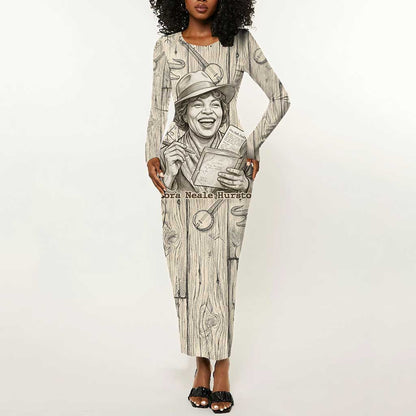 Zora Neale Hurston Long Sleeve Bodycon Dress Rustic Wood Engraved Style Illustration Joyful Portrait with Book and Map Donkey - African Pride
