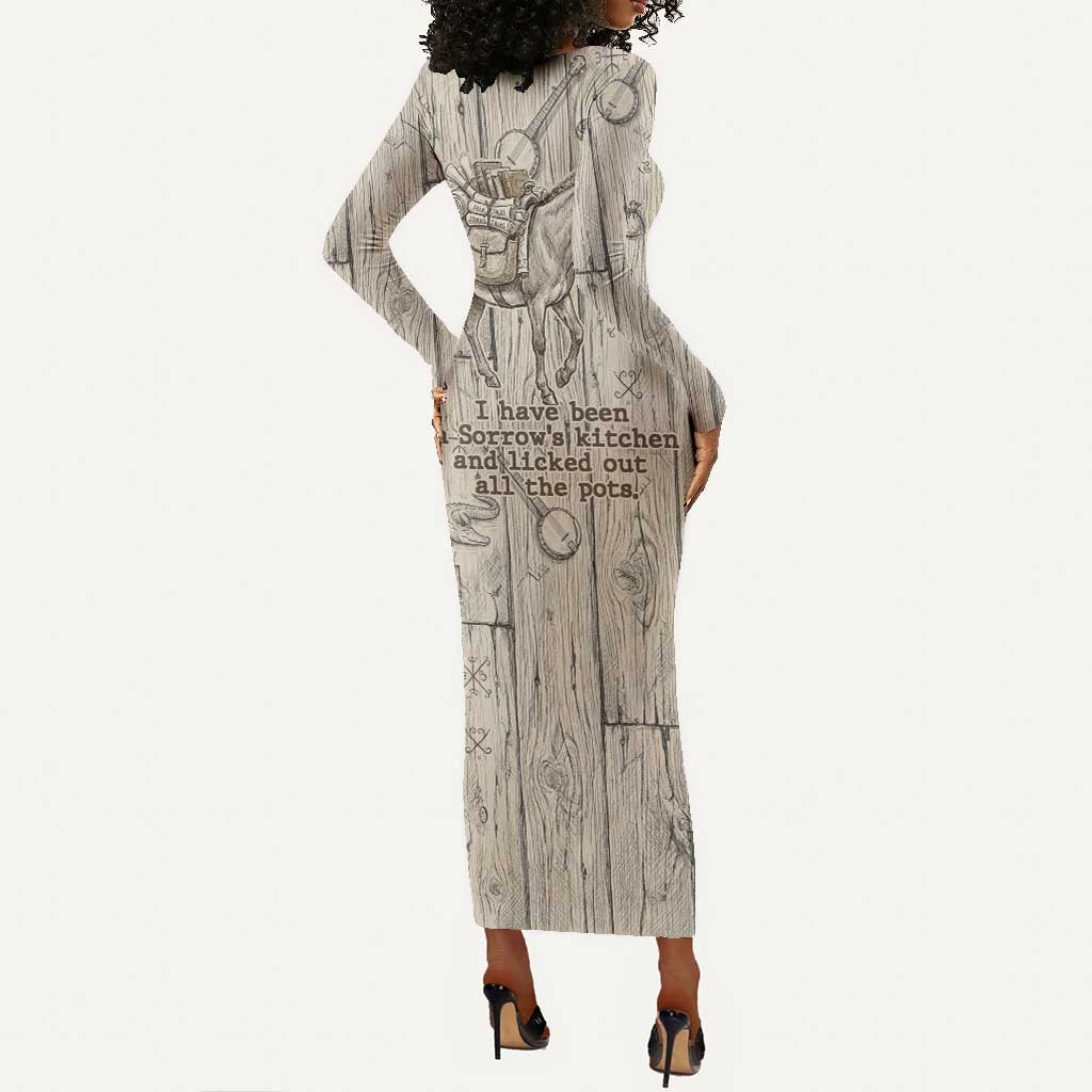 Zora Neale Hurston Long Sleeve Bodycon Dress Rustic Wood Engraved Style Illustration Joyful Portrait with Book and Map Donkey - African Pride