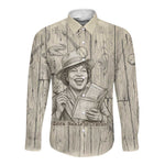 Zora Neale Hurston Long Sleeve Button Shirt Rustic Wood Engraved Style Illustration Joyful Portrait with Book and Map Donkey - African Pride