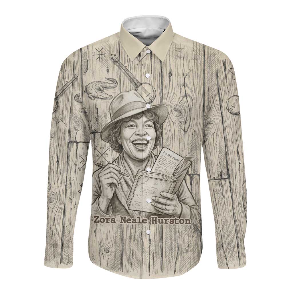 Zora Neale Hurston Long Sleeve Button Shirt Rustic Wood Engraved Style Illustration Joyful Portrait with Book and Map Donkey - African Pride