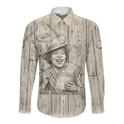 Zora Neale Hurston Long Sleeve Button Shirt Rustic Wood Engraved Style Illustration Joyful Portrait with Book and Map Donkey - African Pride