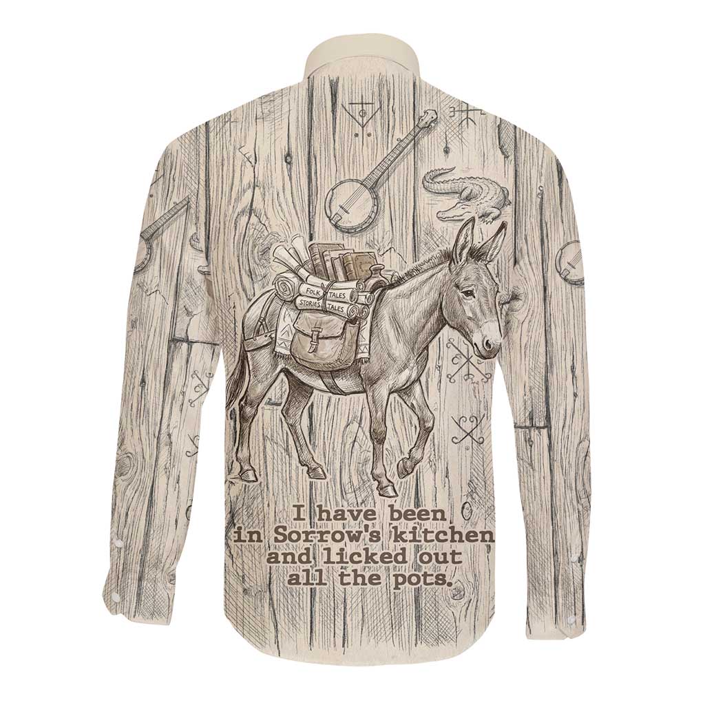 Zora Neale Hurston Long Sleeve Button Shirt Rustic Wood Engraved Style Illustration Joyful Portrait with Book and Map Donkey - African Pride