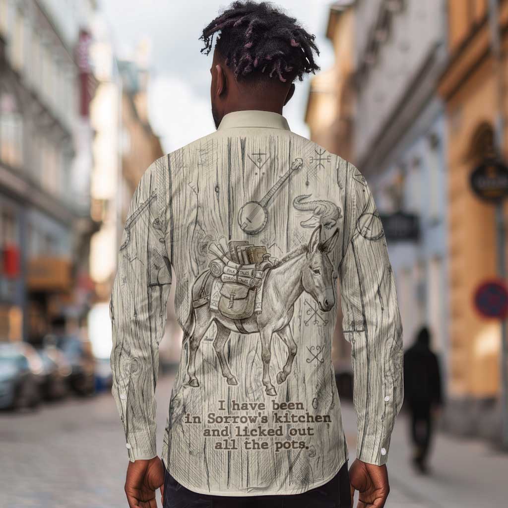 Zora Neale Hurston Long Sleeve Button Shirt Rustic Wood Engraved Style Illustration Joyful Portrait with Book and Map Donkey - African Pride
