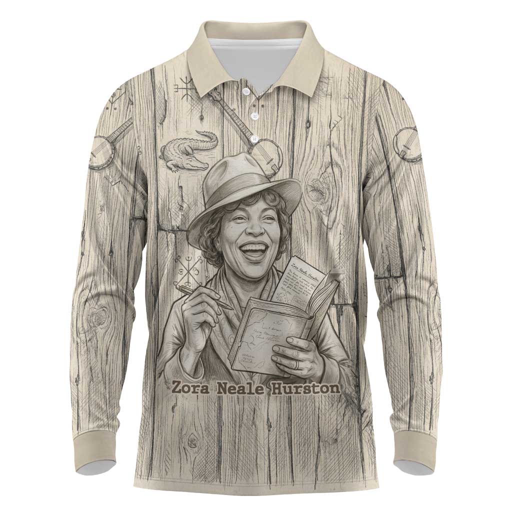 Zora Neale Hurston Long Sleeve Polo Shirt Rustic Wood Engraved Style Illustration Joyful Portrait with Book and Map Donkey - African Pride