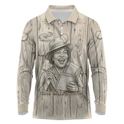 Zora Neale Hurston Long Sleeve Polo Shirt Rustic Wood Engraved Style Illustration Joyful Portrait with Book and Map Donkey - African Pride
