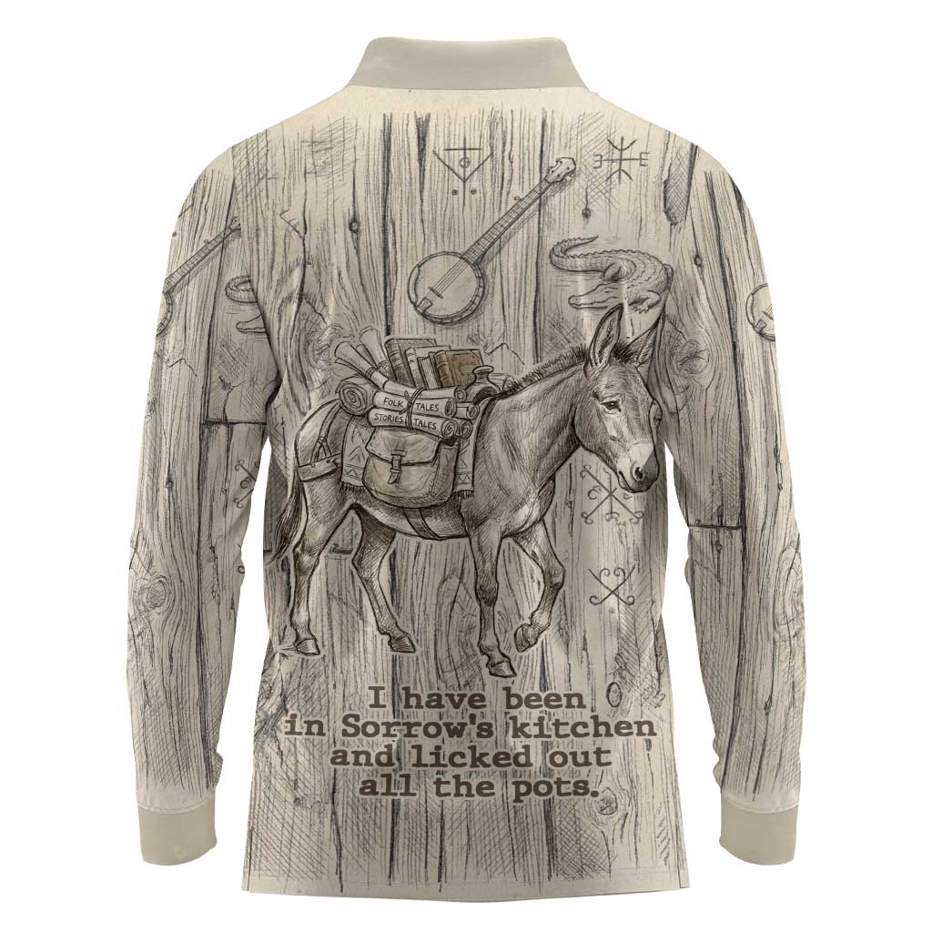 Zora Neale Hurston Long Sleeve Polo Shirt Rustic Wood Engraved Style Illustration Joyful Portrait with Book and Map Donkey - African Pride