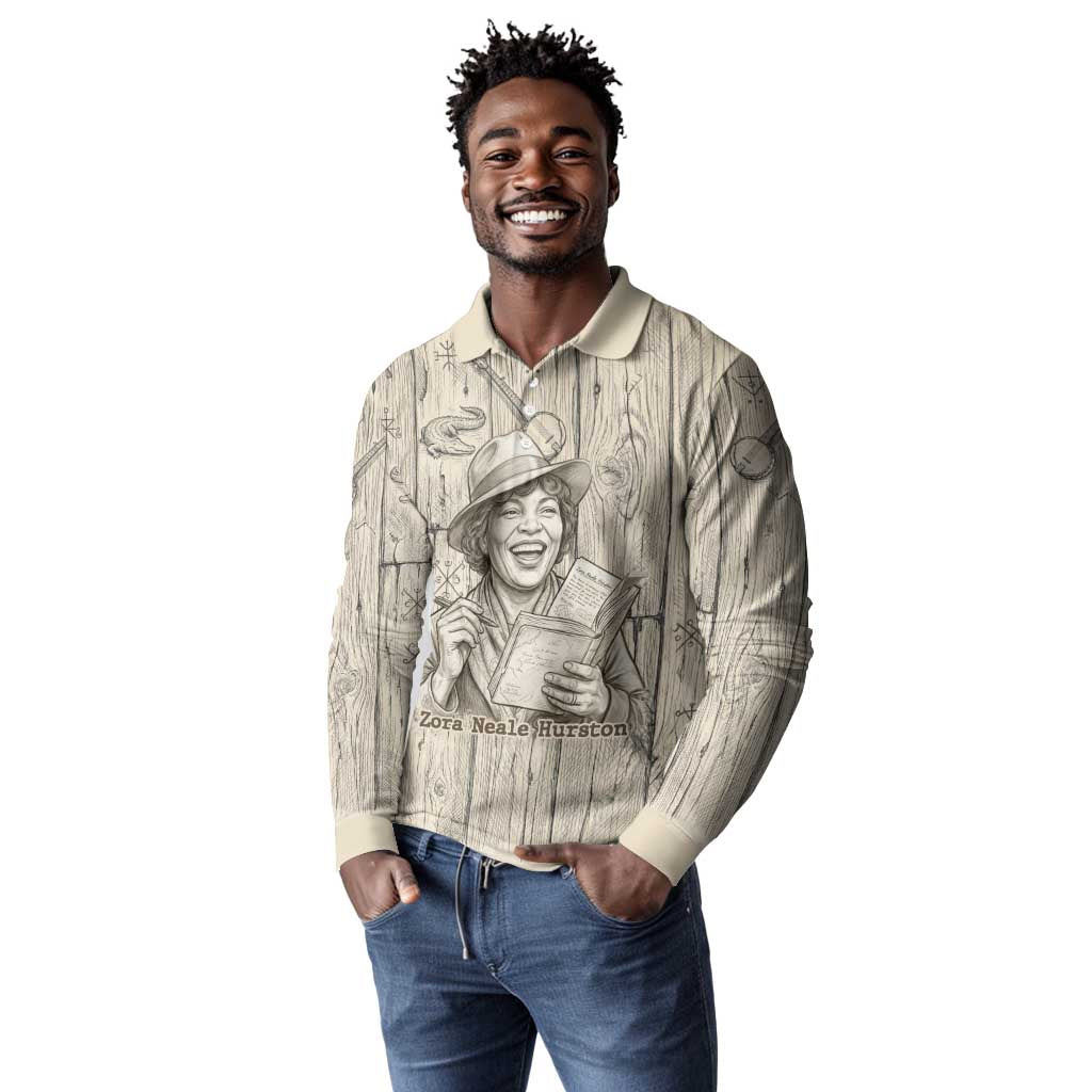 Zora Neale Hurston Long Sleeve Polo Shirt Rustic Wood Engraved Style Illustration Joyful Portrait with Book and Map Donkey - African Pride
