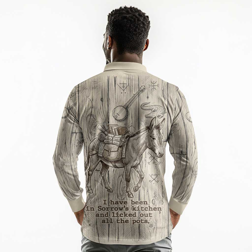 Zora Neale Hurston Long Sleeve Polo Shirt Rustic Wood Engraved Style Illustration Joyful Portrait with Book and Map Donkey - African Pride