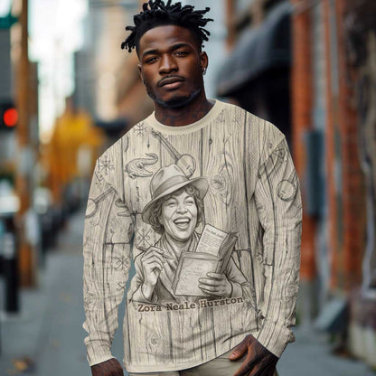 Zora Neale Hurston Long Sleeve Shirt Rustic Wood Engraved Style Illustration Joyful Portrait with Book and Map Donkey - African Pride