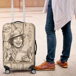 Zora Neale Hurston Luggage Cover Rustic Wood Engraved Style Illustration Joyful Portrait with Book and Map Donkey - African Pride