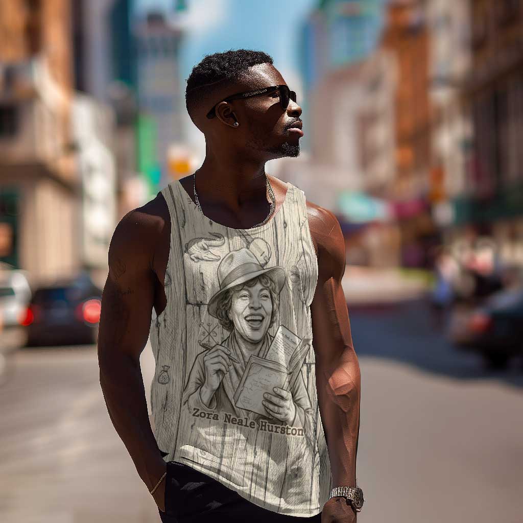 Zora Neale Hurston Men Tank Top Rustic Wood Engraved Style Illustration Joyful Portrait with Book and Map Donkey - African Pride