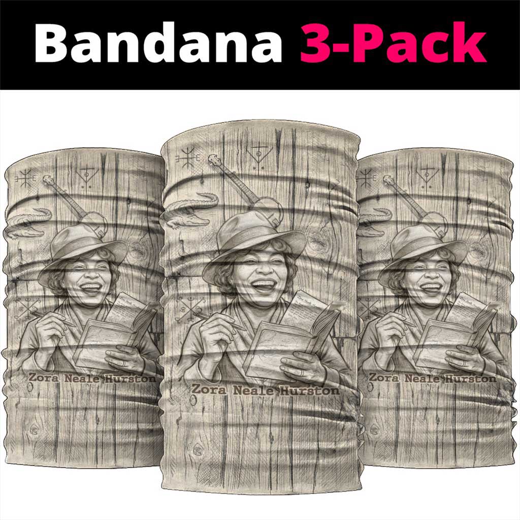 Zora Neale Hurston Neck Gaiter Rustic Wood Engraved Style Illustration Joyful Portrait with Book and Map Donkey - African Pride