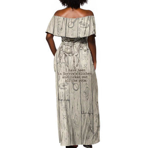 Zora Neale Hurston Off Shoulder Maxi Dress Rustic Wood Engraved Style Illustration Joyful Portrait with Book and Map Donkey - African Pride