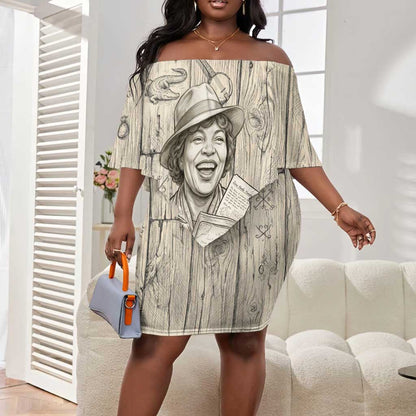 Zora Neale Hurston Off Shoulder Short Dress Rustic Wood Engraved Style Illustration Joyful Portrait with Book and Map Donkey - African Pride