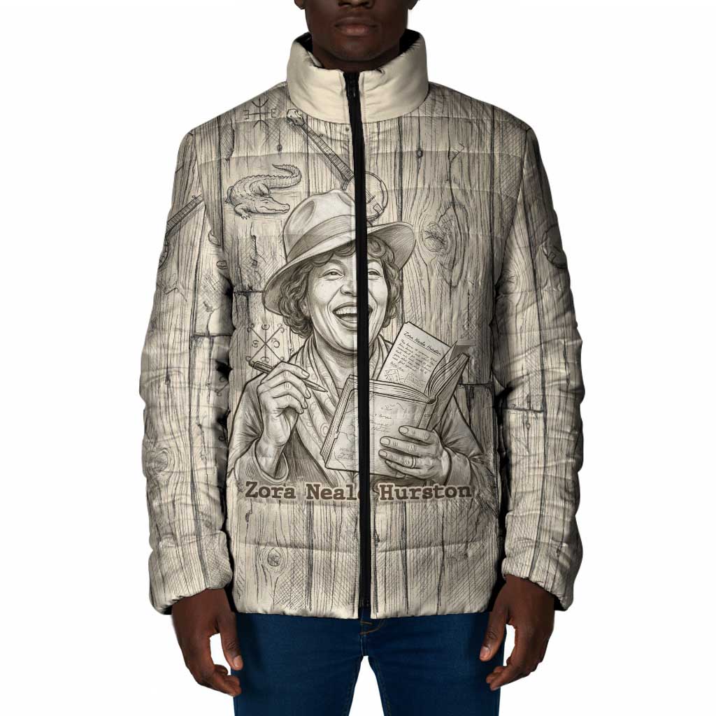 Zora Neale Hurston Padded Jacket Rustic Wood Engraved Style Illustration Joyful Portrait with Book and Map Donkey - African Pride