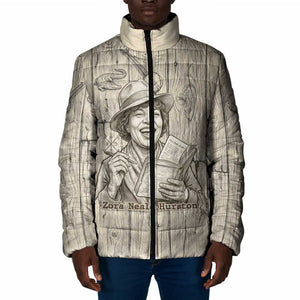 Zora Neale Hurston Padded Jacket Rustic Wood Engraved Style Illustration Joyful Portrait with Book and Map Donkey - African Pride