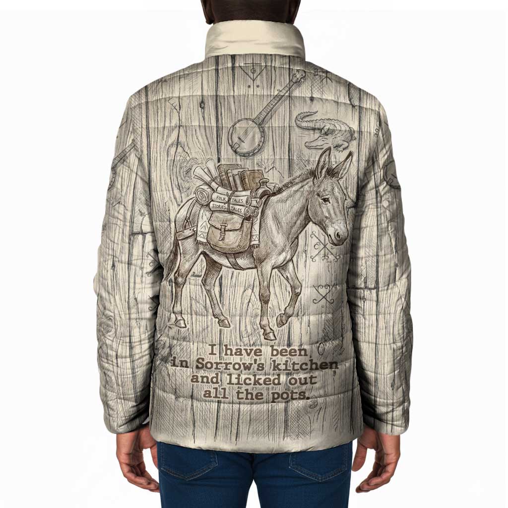 Zora Neale Hurston Padded Jacket Rustic Wood Engraved Style Illustration Joyful Portrait with Book and Map Donkey - African Pride