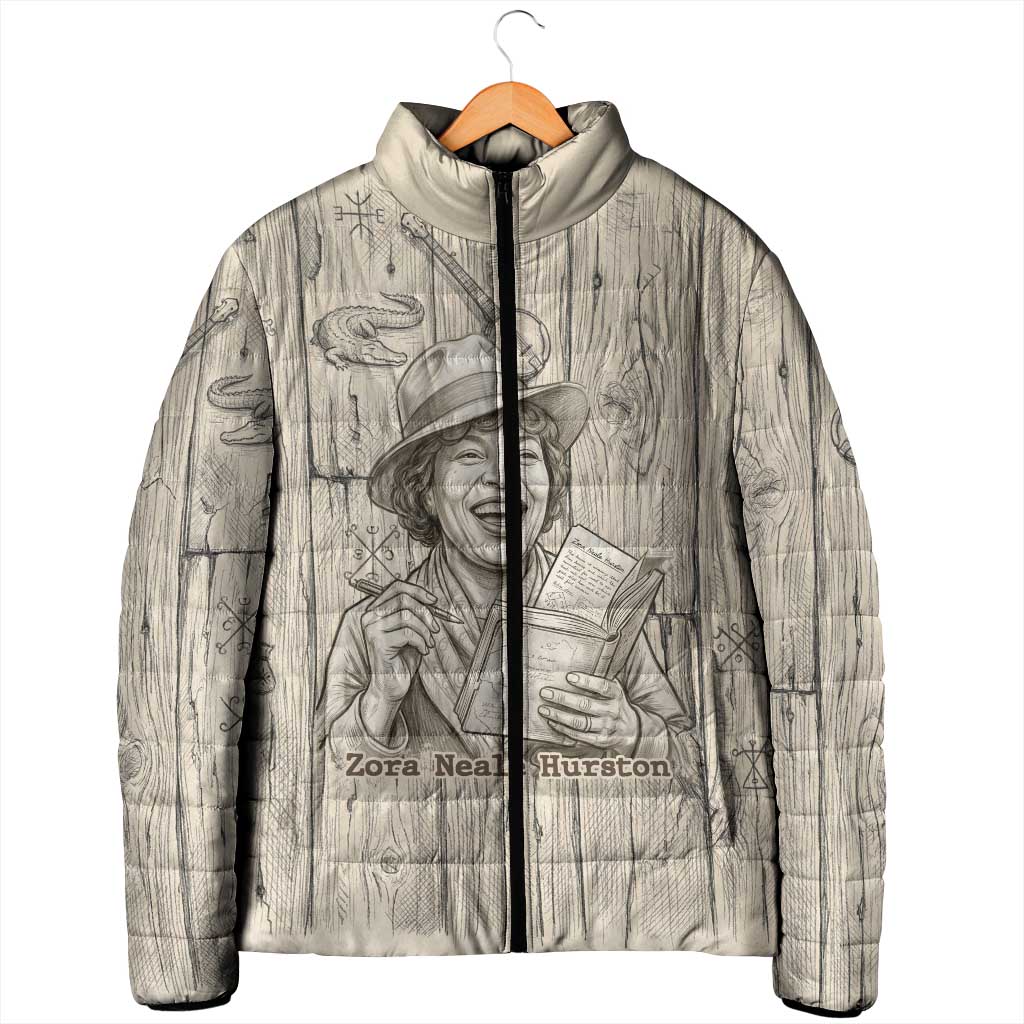 Zora Neale Hurston Padded Jacket Rustic Wood Engraved Style Illustration Joyful Portrait with Book and Map Donkey - African Pride