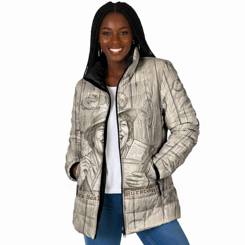 Zora Neale Hurston Padded Jacket Rustic Wood Engraved Style Illustration Joyful Portrait with Book and Map Donkey - African Pride