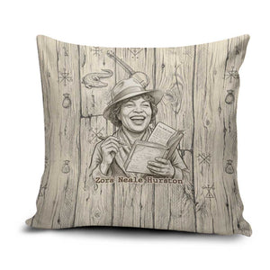 Zora Neale Hurston Pillow Cover Rustic Wood Engraved Style Illustration Joyful Portrait with Book and Map Donkey - African Pride