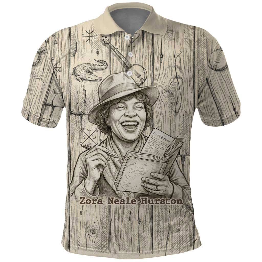 Zora Neale Hurston Polo Shirt Rustic Wood Engraved Style Illustration Joyful Portrait with Book and Map Donkey - African Pride