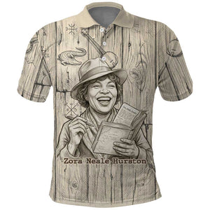 Zora Neale Hurston Polo Shirt Rustic Wood Engraved Style Illustration Joyful Portrait with Book and Map Donkey - African Pride