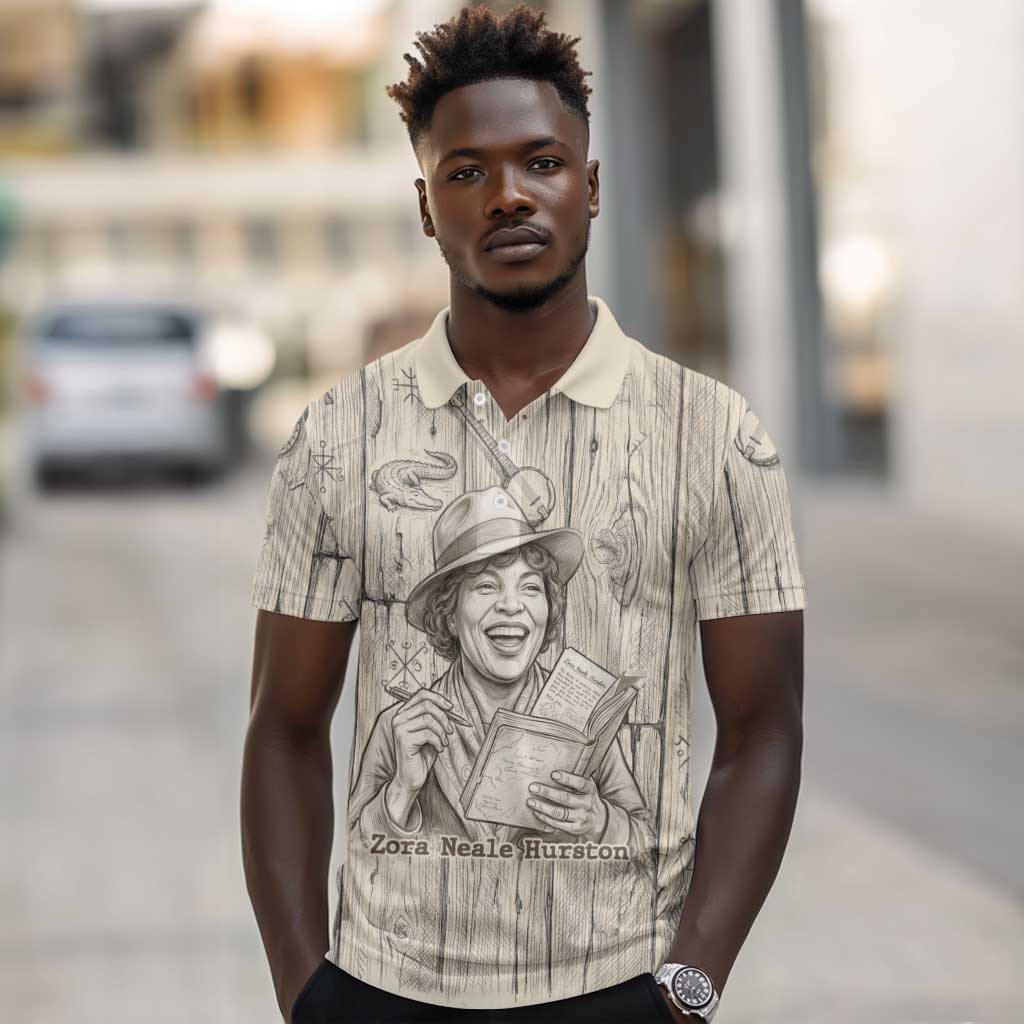 Zora Neale Hurston Polo Shirt Rustic Wood Engraved Style Illustration Joyful Portrait with Book and Map Donkey - African Pride