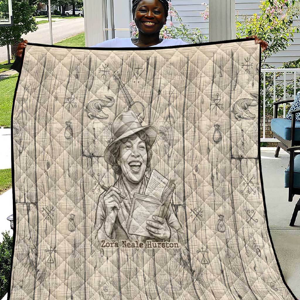 Zora Neale Hurston Quilt Rustic Wood Engraved Style Illustration Joyful Portrait with Book and Map Donkey - African Pride