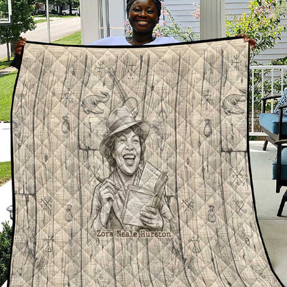 Zora Neale Hurston Quilt Rustic Wood Engraved Style Illustration Joyful Portrait with Book and Map Donkey - African Pride