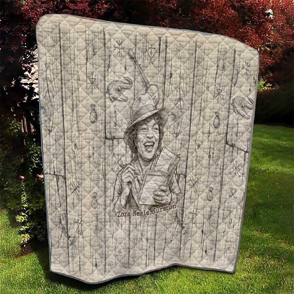 Zora Neale Hurston Quilt Rustic Wood Engraved Style Illustration Joyful Portrait with Book and Map Donkey - African Pride