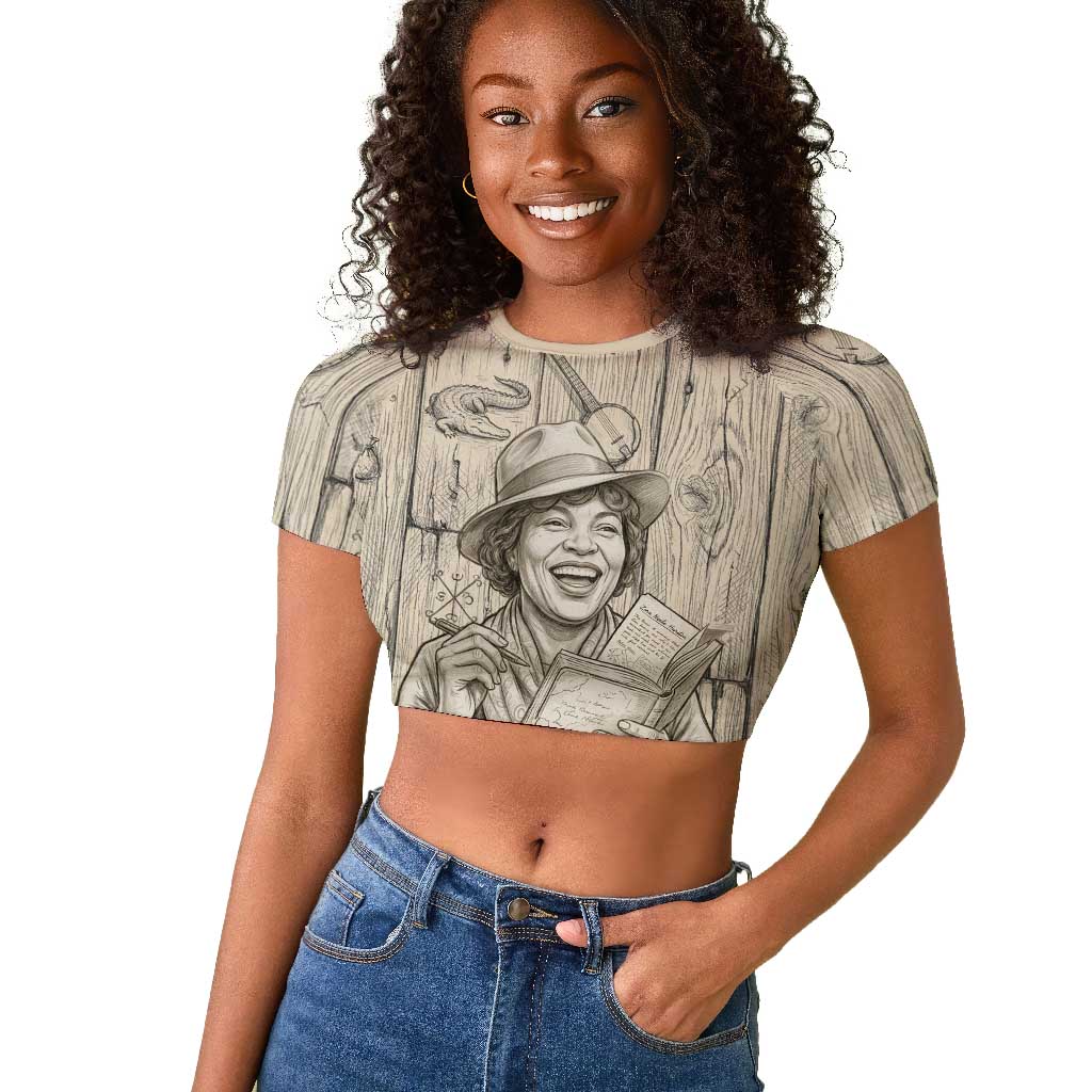 Zora Neale Hurston Raglan Cropped T shirt Rustic Wood Engraved Style Illustration Joyful Portrait with Book and Map Donkey - African Pride