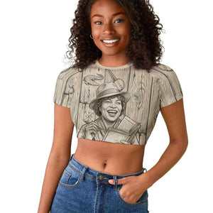 Zora Neale Hurston Raglan Cropped T shirt Rustic Wood Engraved Style Illustration Joyful Portrait with Book and Map Donkey - African Pride