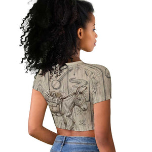 Zora Neale Hurston Raglan Cropped T shirt Rustic Wood Engraved Style Illustration Joyful Portrait with Book and Map Donkey - African Pride