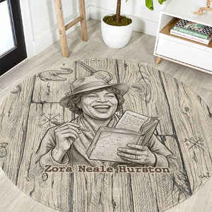 Zora Neale Hurston Round Carpet Rustic Wood Engraved Style Illustration Joyful Portrait with Book and Map Donkey - African Pride
