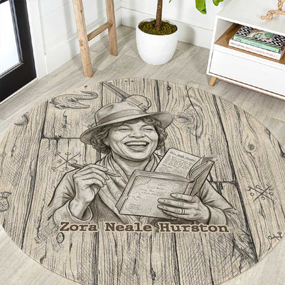 Zora Neale Hurston Round Carpet Rustic Wood Engraved Style Illustration Joyful Portrait with Book and Map Donkey - African Pride