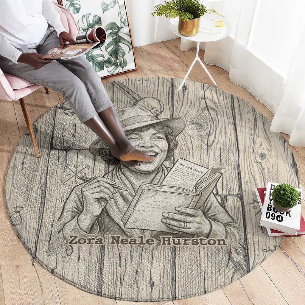 Zora Neale Hurston Round Carpet Rustic Wood Engraved Style Illustration Joyful Portrait with Book and Map Donkey - African Pride