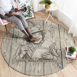Zora Neale Hurston Round Carpet Rustic Wood Engraved Style Illustration Joyful Portrait with Book and Map Donkey - African Pride
