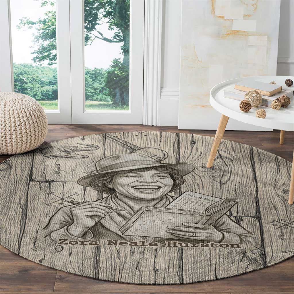 Zora Neale Hurston Round Carpet Rustic Wood Engraved Style Illustration Joyful Portrait with Book and Map Donkey - African Pride